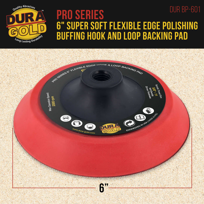 Dura-Gold Pro Series 6" Super Soft Flexible Edge Polishing Buffing Hook and Loop Backing Pad, 5/8" - 11 Threads - Rotary Polisher Buffer Backup Pad