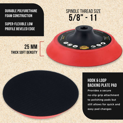 Pro Series 6" Super Soft Flexible Edge Polishing Buffing Hook and Loop Backing Pad, 5/8" - 11 Threads - Rotary Polisher Buffer Backup Pad