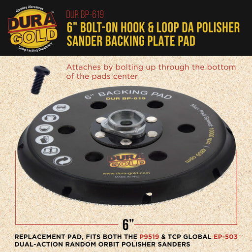 Dura-Gold 6" Bolt-On Hook & Loop DA Polisher Sander Backing Plate Pad - Replacement Pad, Fits P9519 & TCP Global EP-503 Dual-Action Polisher Sanders