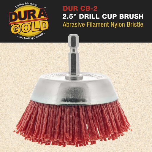 Dura-Gold 2.5" Abrasive Filament Nylon Bristle Cup Brush - Coarse Sanding Scuffing, 1/4" Hex Drill Shank Arbor - Remove Rust, Paint Bed Liner Coatings