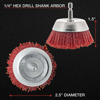 2.5" Abrasive Filament Nylon Bristle Cup Brush - 1/4" Hex Drill Shank Arbor, Coarse Grit Angle Grinder Brush for Truck Bed Liner Surface Prep, Sanding, Scuffing, Rust & Paint Removal