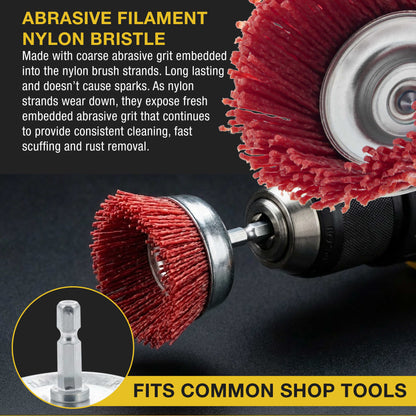 2.5" Abrasive Filament Nylon Bristle Cup Brush - 1/4" Hex Drill Shank Arbor, Coarse Grit Angle Grinder Brush for Truck Bed Liner Surface Prep, Sanding, Scuffing, Rust & Paint Removal