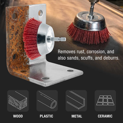 2.5" Abrasive Filament Nylon Bristle Cup Brush - 1/4" Hex Drill Shank Arbor, Coarse Grit Angle Grinder Brush for Truck Bed Liner Surface Prep, Sanding, Scuffing, Rust & Paint Removal