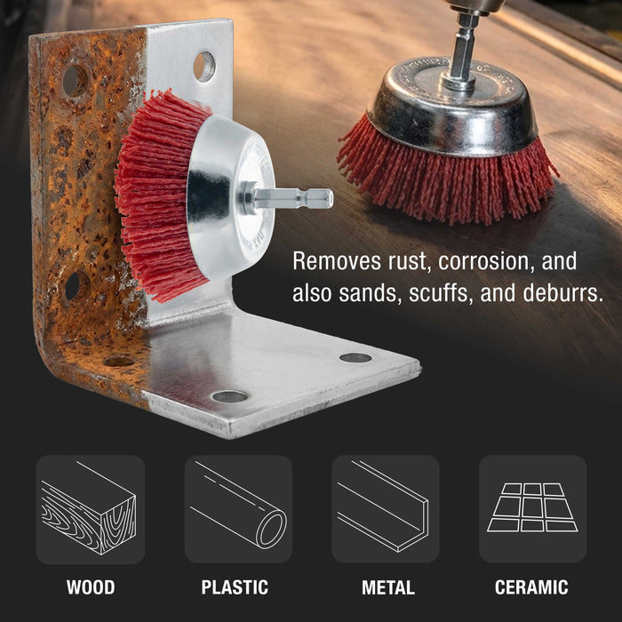 2.5" Abrasive Filament Nylon Bristle Cup Brush - 1/4" Hex Drill Shank Arbor, Coarse Grit Angle Grinder Brush for Truck Bed Liner Surface Prep, Sanding, Scuffing, Rust & Paint Removal
