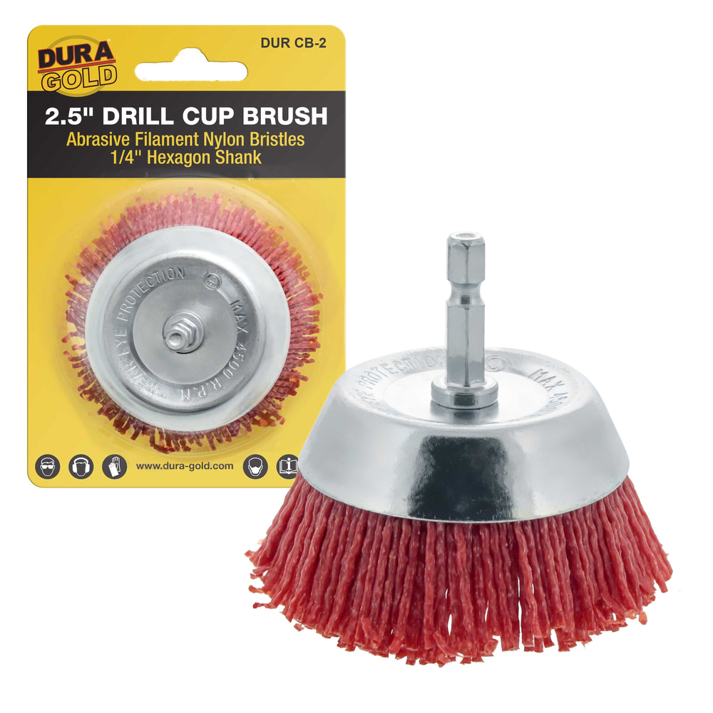 Dura-Gold 2.5" Abrasive Filament Nylon Bristle Cup Brush - Coarse Sanding Scuffing, 1/4" Hex Drill Shank Arbor - Remove Rust, Paint Bed Liner Coatings