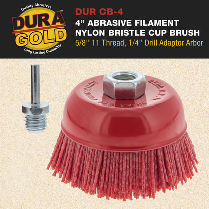 4" Abrasive Filament Nylon Bristle Cup Brush - 5/8" 11 Thread, 1/4" Hex Drill Shank Arbor, Coarse Grit Angle Grinder Brush for Truck Bed Liner Surface Prep, Sanding, Rust & Paint Removal