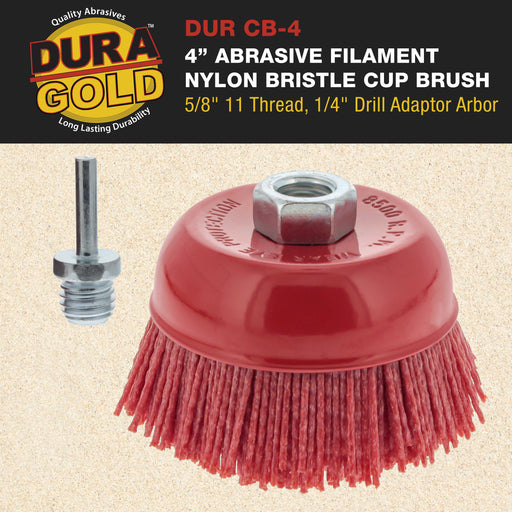 Dura-Gold 4" Abrasive Filament Nylon Bristle Cup Brush, Coarse Sanding Scuffing, 5/8" 11 Thread, 1/4" Drill - Remove Rust, Paint - Bed Liner Coating