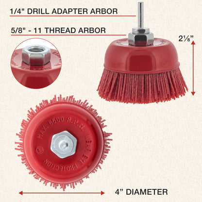 4" Abrasive Filament Nylon Bristle Cup Brush - 5/8" 11 Thread, 1/4" Hex Drill Shank Arbor, Coarse Grit Angle Grinder Brush for Truck Bed Liner Surface Prep, Sanding, Rust & Paint Removal