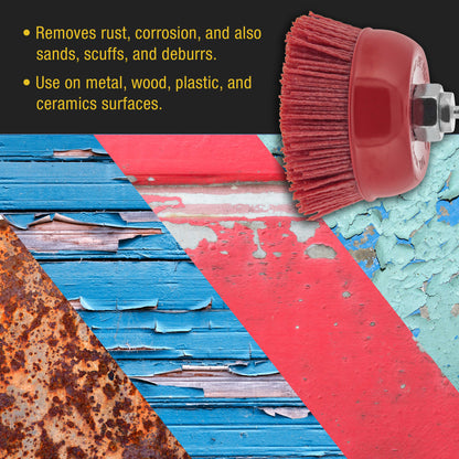 4" Abrasive Filament Nylon Bristle Cup Brush - 5/8" 11 Thread, 1/4" Hex Drill Shank Arbor, Coarse Grit Angle Grinder Brush for Truck Bed Liner Surface Prep, Sanding, Rust & Paint Removal