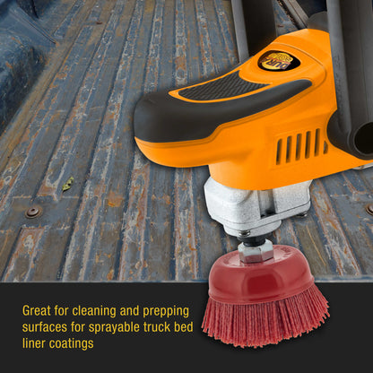 4" Abrasive Filament Nylon Bristle Cup Brush - 5/8" 11 Thread, 1/4" Hex Drill Shank Arbor, Coarse Grit Angle Grinder Brush for Truck Bed Liner Surface Prep, Sanding, Rust & Paint Removal
