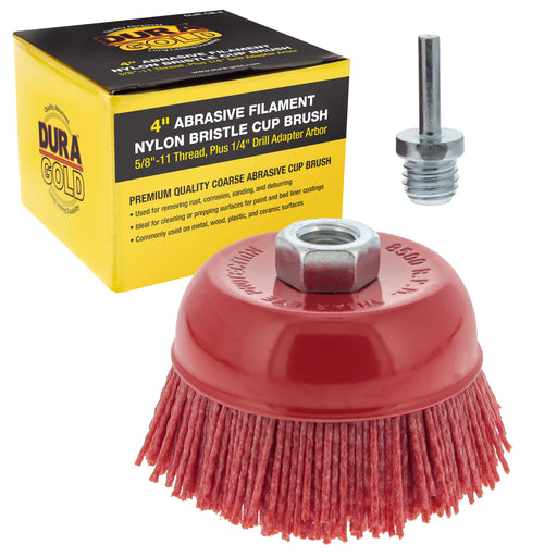 Dura-Gold 4" Abrasive Filament Nylon Bristle Cup Brush, Coarse Sanding Scuffing, 5/8" 11 Thread, 1/4" Drill - Remove Rust, Paint - Bed Liner Coating