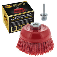 4" Abrasive Filament Nylon Bristle Cup Brush - 5/8" 11 Thread, 1/4" Hex Drill Shank Arbor, Coarse Grit Angle Grinder Brush for Truck Bed Liner Surface Prep, Sanding, Rust & Paint Removal