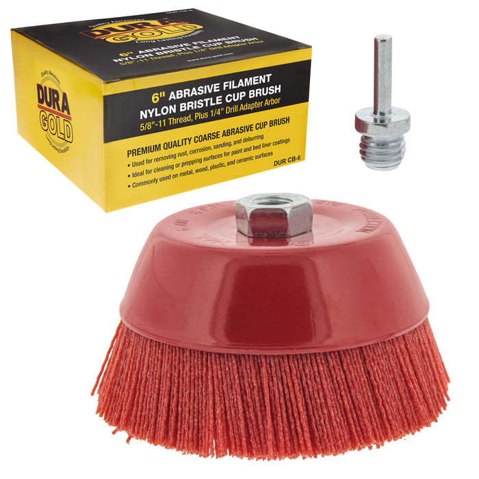 Dura-Gold 6" Abrasive Filament Nylon Bristle Cup Brush, Coarse Sanding Scuffing, 5/8" 11 Thread, 1/4" Drill - Remove Rust, Paint - Bed Liner Coating