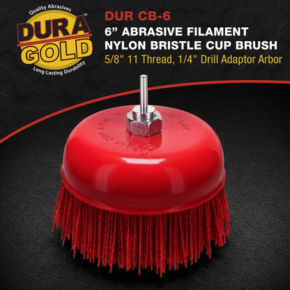 6" Abrasive Filament Nylon Bristle Cup Brush - 5/8" 11 Thread, 1/4" Hex Drill Shank Arbor, Coarse Grit Angle Grinder Brush for Truck Bed Liner Surface Prep, Sanding, Rust & Paint Removal