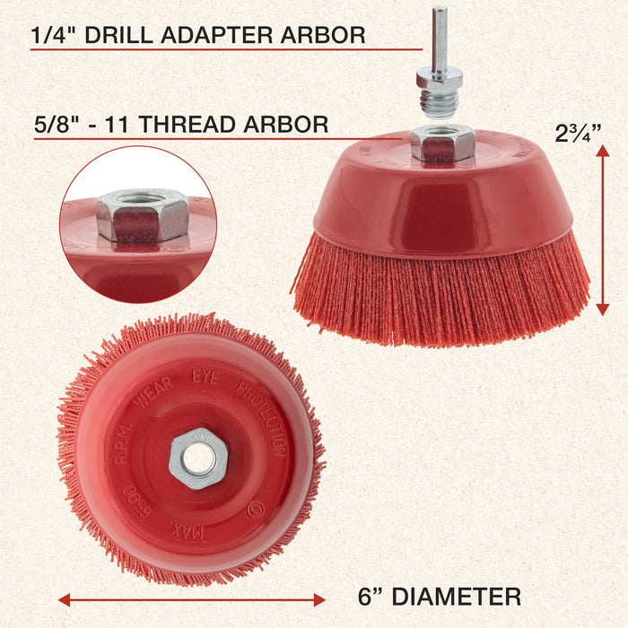 Dura-Gold 6" Abrasive Filament Nylon Bristle Cup Brush, Coarse Sanding Scuffing, 5/8" 11 Thread, 1/4" Drill - Remove Rust, Paint - Bed Liner Coating