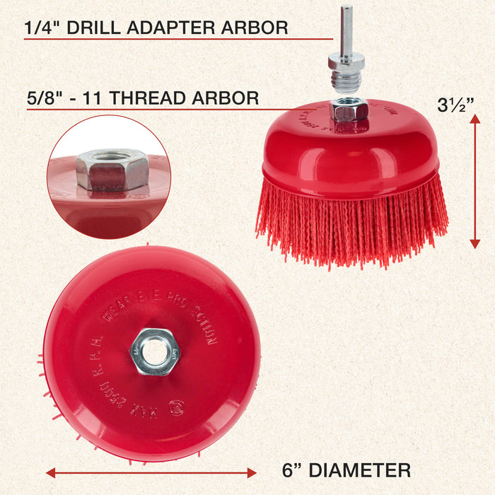 Dura-Gold 6" Abrasive Filament Nylon Bristle Cup Brush, Coarse Sanding Scuffing, 5/8" 11 Thread, 1/4" Drill - Remove Rust, Paint - Bed Liner Coating