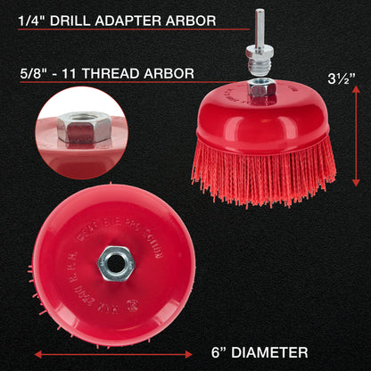 6" Abrasive Filament Nylon Bristle Cup Brush - 5/8" 11 Thread, 1/4" Hex Drill Shank Arbor, Coarse Grit Angle Grinder Brush for Truck Bed Liner Surface Prep, Sanding, Rust & Paint Removal