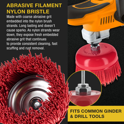 6" Abrasive Filament Nylon Bristle Cup Brush - 5/8" 11 Thread, 1/4" Hex Drill Shank Arbor, Coarse Grit Angle Grinder Brush for Truck Bed Liner Surface Prep, Sanding, Rust & Paint Removal