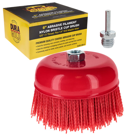 Dura-Gold 6" Abrasive Filament Nylon Bristle Cup Brush, Coarse Sanding Scuffing, 5/8" 11 Thread, 1/4" Drill - Remove Rust, Paint - Bed Liner Coating