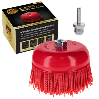 6" Abrasive Filament Nylon Bristle Cup Brush - 5/8" 11 Thread, 1/4" Hex Drill Shank Arbor, Coarse Grit Angle Grinder Brush for Truck Bed Liner Surface Prep, Sanding, Rust & Paint Removal