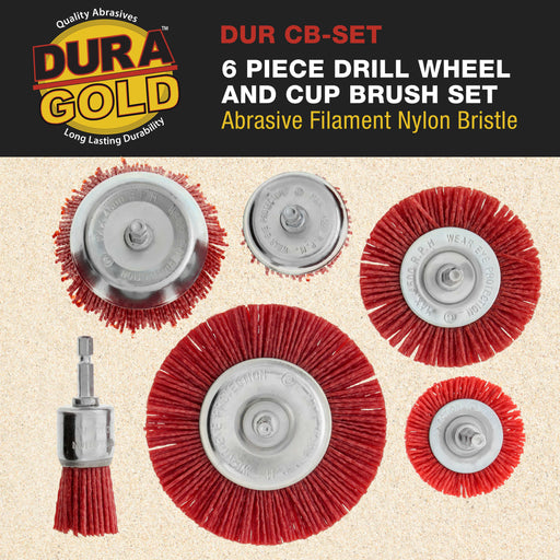 Dura-Gold 6 Pc Abrasive Filament Nylon Bristle Drill Wheel and Cup Brush Set, 1/4" Drill Shank, Sanding Scuffing, Remove Rust, Paint Bed Liner Coating