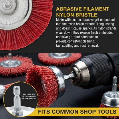 6 Piece Abrasive Filament Nylon Bristle Cup Brush Set - 1/4" Hex Drill Shank Arbor, Coarse Grit Angle Grinder Brush for Truck Bed Liner Surface Prep, Sanding, Scuffing, Rust & Paint Removal