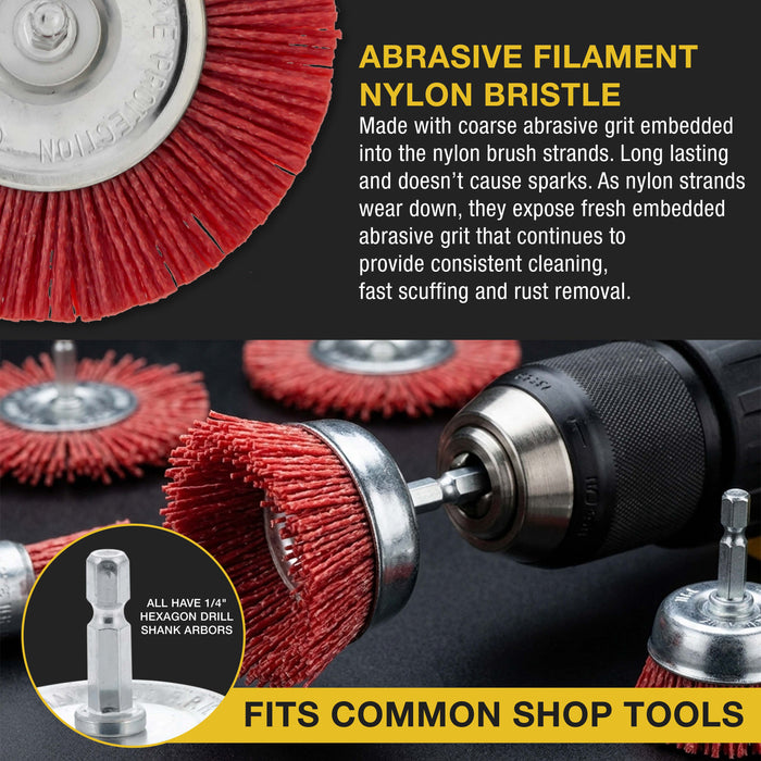6 Piece Abrasive Filament Nylon Bristle Cup Brush Set - 1/4" Hex Drill Shank Arbor, Coarse Grit Angle Grinder Brush for Truck Bed Liner Surface Prep, Sanding, Scuffing, Rust & Paint Removal