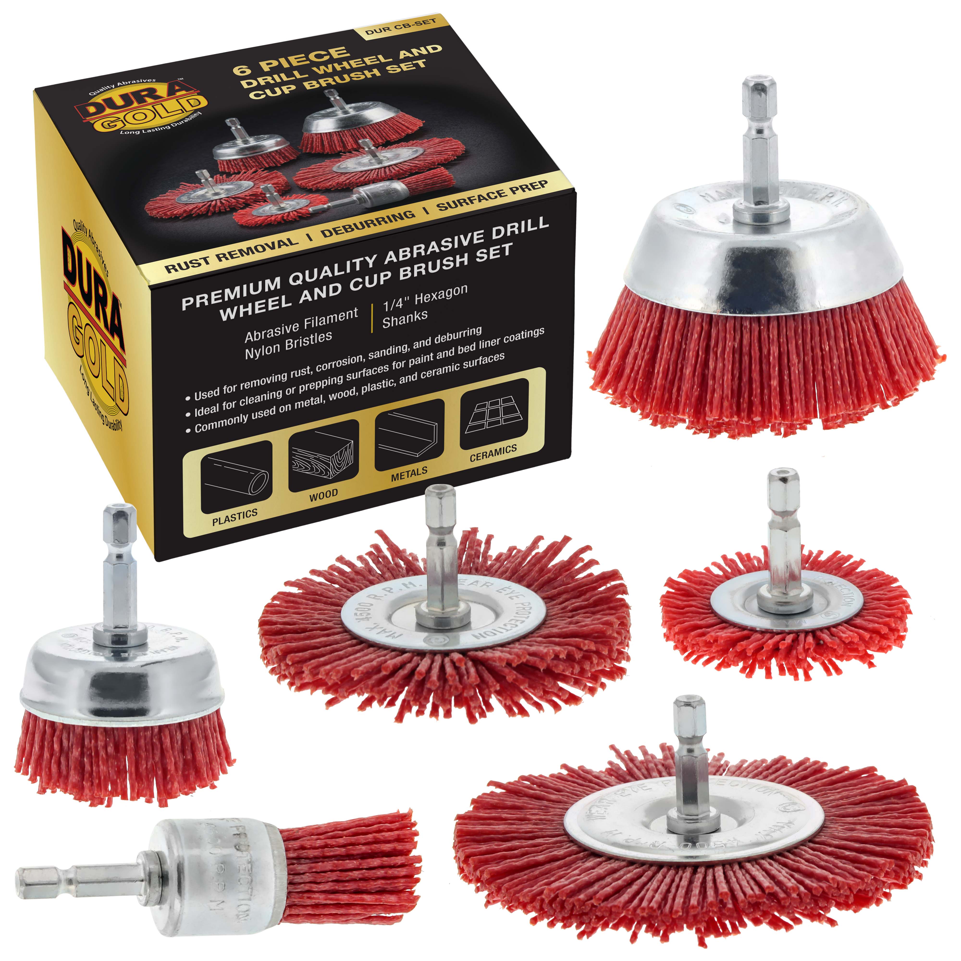 6pc Abrasive Filament Nylon Bristle Drill Wheel and Cup Brush Set