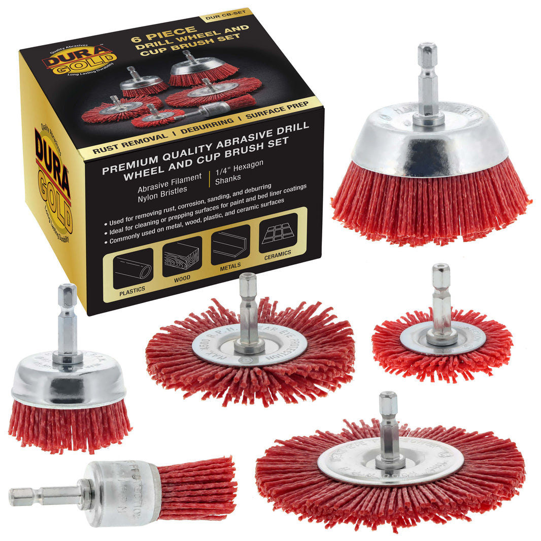 6 Piece Abrasive Filament Nylon Bristle Cup Brush Set - 1/4" Hex Drill Shank Arbor, Coarse Grit Angle Grinder Brush for Truck Bed Liner Surface Prep, Sanding, Scuffing, Rust & Paint Removal