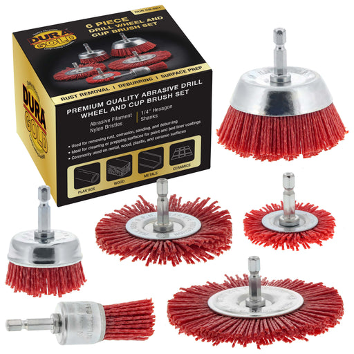 6 Piece Abrasive Filament Nylon Bristle Cup Brush Set - 1/4" Hex Drill Shank Arbor, Coarse Grit Angle Grinder Brush for Truck Bed Liner Surface Prep, Sanding, Scuffing, Rust & Paint Removal
