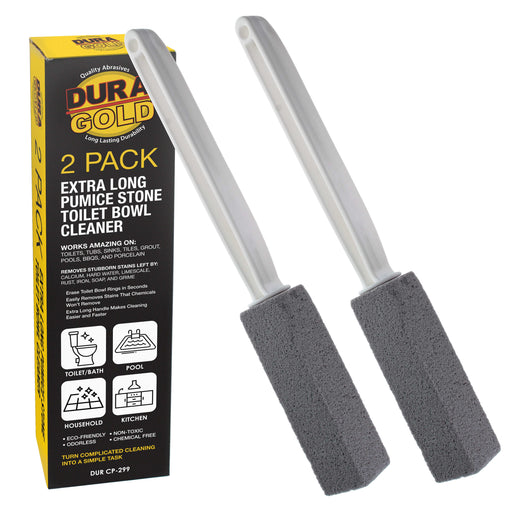 Dura-Gold Extra Long Handle Pumice Stone Toilet Bowl Cleaner Brush, 2 Pack - Cleaning Scouring Stick, Removes Hard Water Ring Stains Calcium Limescale