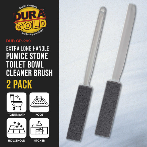 Dura-Gold Extra Long Handle Pumice Stone Toilet Bowl Cleaner Brush, 2 Pack - Cleaning Scouring Stick, Removes Hard Water Ring Stains Calcium Limescale