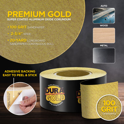 100 Grit Gold - Longboard Continuous Roll PSA Stickyback Self Adhesive Sandpaper 20 Yards Long by 2-3/4" Wide