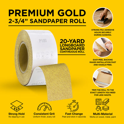 100 Grit Gold - Longboard Continuous Roll PSA Stickyback Self Adhesive Sandpaper 20 Yards Long by 2-3/4" Wide