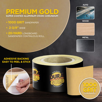 1000 Grit Gold - Longboard Continuous Roll PSA Stickyback Self Adhesive Sandpaper 20 Yards Long by 2-3/4" Wide