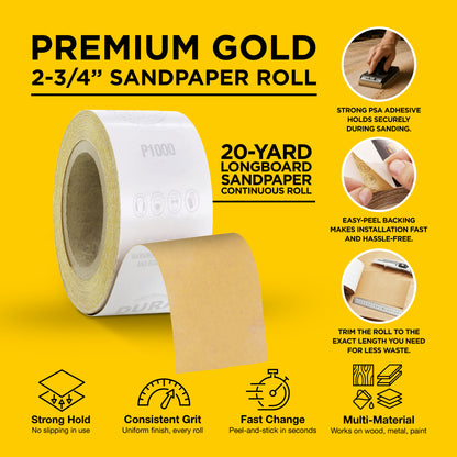 1000 Grit Gold - Longboard Continuous Roll PSA Stickyback Self Adhesive Sandpaper 20 Yards Long by 2-3/4" Wide