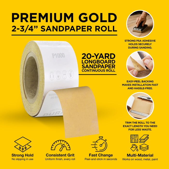 1000 Grit Gold - Longboard Continuous Roll PSA Stickyback Self Adhesive Sandpaper 20 Yards Long by 2-3/4" Wide