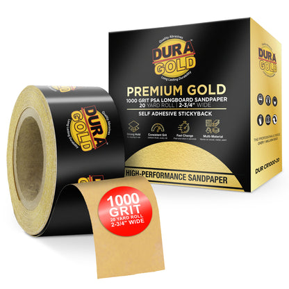 1000 Grit Gold - Longboard Continuous Roll PSA Stickyback Self Adhesive Sandpaper 20 Yards Long by 2-3/4" Wide