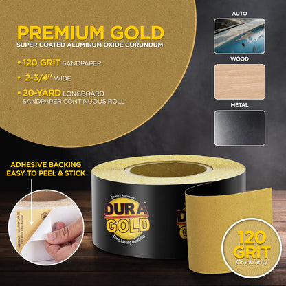 120 Grit Gold - Longboard Continuous Roll PSA Stickyback Self Adhesive Sandpaper 20 Yards Long by 2-3/4" Wide