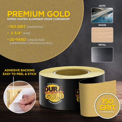 150 Grit Gold - Longboard Continuous Roll PSA Stickyback Self Adhesive Sandpaper 20 Yards Long by 2-3/4" Wide