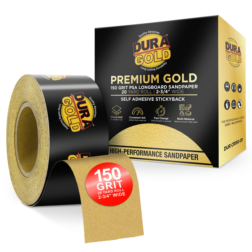 150 Grit Gold - Longboard Continuous Roll PSA Stickyback Self Adhesive Sandpaper 20 Yards Long by 2-3/4" Wide