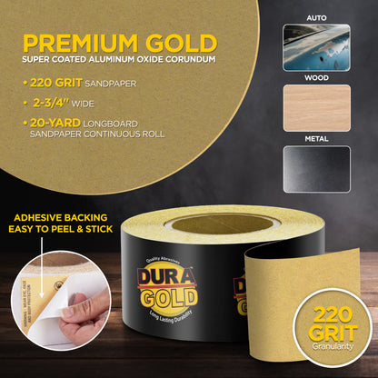 220 Grit Gold - Longboard Continuous Roll PSA Stickyback Self Adhesive Sandpaper 20 Yards Long by 2-3/4" Wide