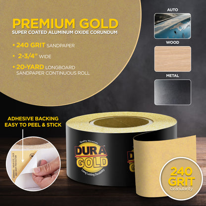 240 Grit Gold - Longboard Continuous Roll PSA Stickyback Self Adhesive Sandpaper 20 Yards Long by 2-3/4" Wide