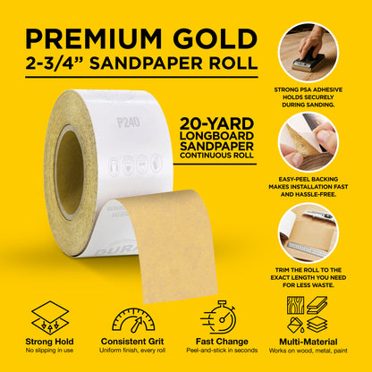 240 Grit Gold - Longboard Continuous Roll PSA Stickyback Self Adhesive Sandpaper 20 Yards Long by 2-3/4" Wide