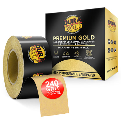 240 Grit Gold - Longboard Continuous Roll PSA Stickyback Self Adhesive Sandpaper 20 Yards Long by 2-3/4" Wide