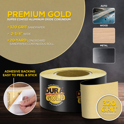 320 Grit Gold - Longboard Continuous Roll PSA Stickyback Self Adhesive Sandpaper 20 Yards Long by 2-3/4" Wide