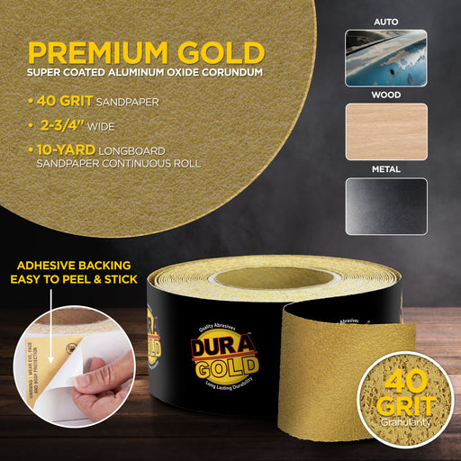 40 Grit Gold - Longboard Continuous Roll PSA Stickyback Self Adhesive Sandpaper 10 Yards Long by 2-3/4" Wide