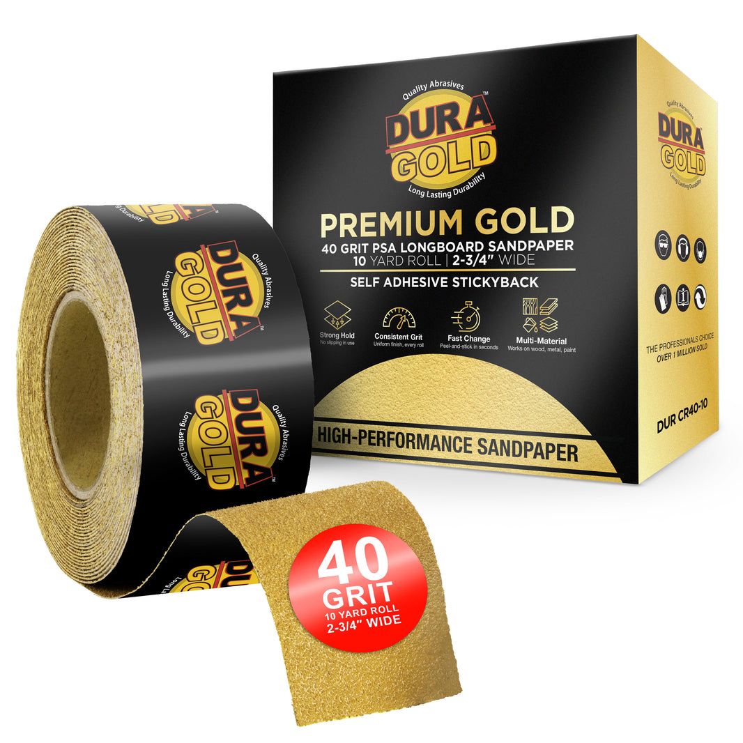 40 Grit Gold - Longboard Continuous Roll PSA Stickyback Self Adhesive Sandpaper 10 Yards Long by 2-3/4" Wide