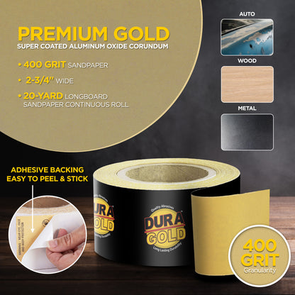 400 Grit Gold - Longboard Continuous Roll PSA Stickyback Self Adhesive Sandpaper 20 Yards Long by 2-3/4" Wide