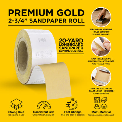 400 Grit Gold - Longboard Continuous Roll PSA Stickyback Self Adhesive Sandpaper 20 Yards Long by 2-3/4" Wide